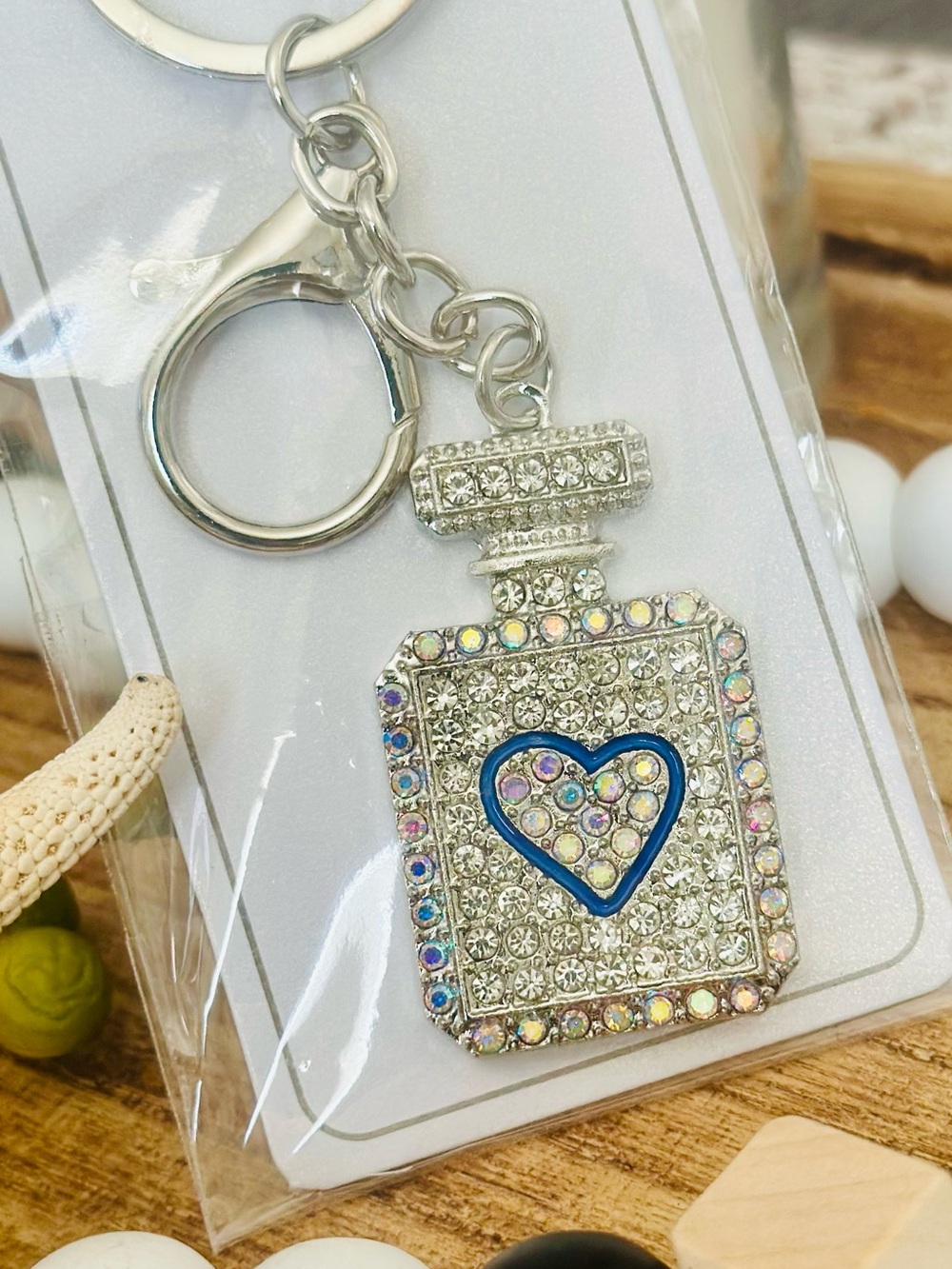 NWT Silver Bag Charm Keychain Rhinestone Perfume Bottle w/ Blue Enameled Heart